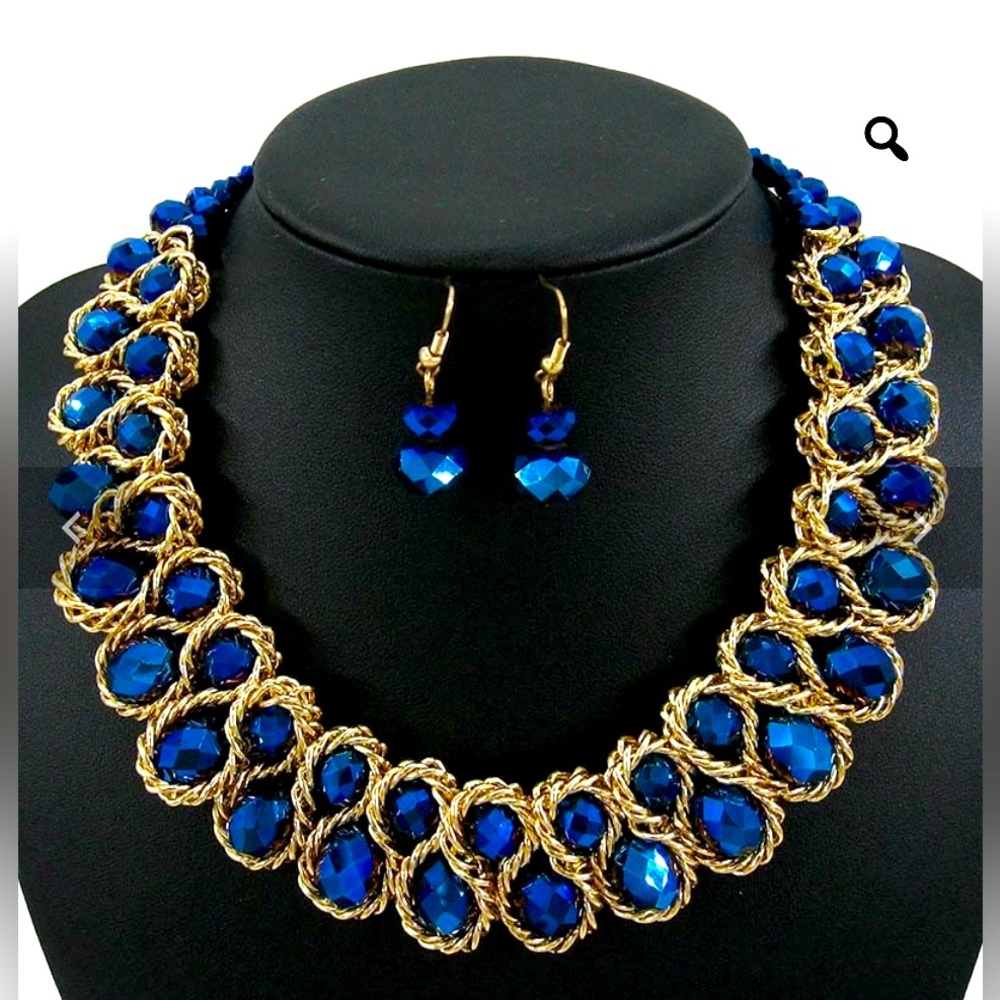 2 Pcs Elegant Blue and Gold Fashion Statement Necklace NIP - HP - Picture 2 of 5
